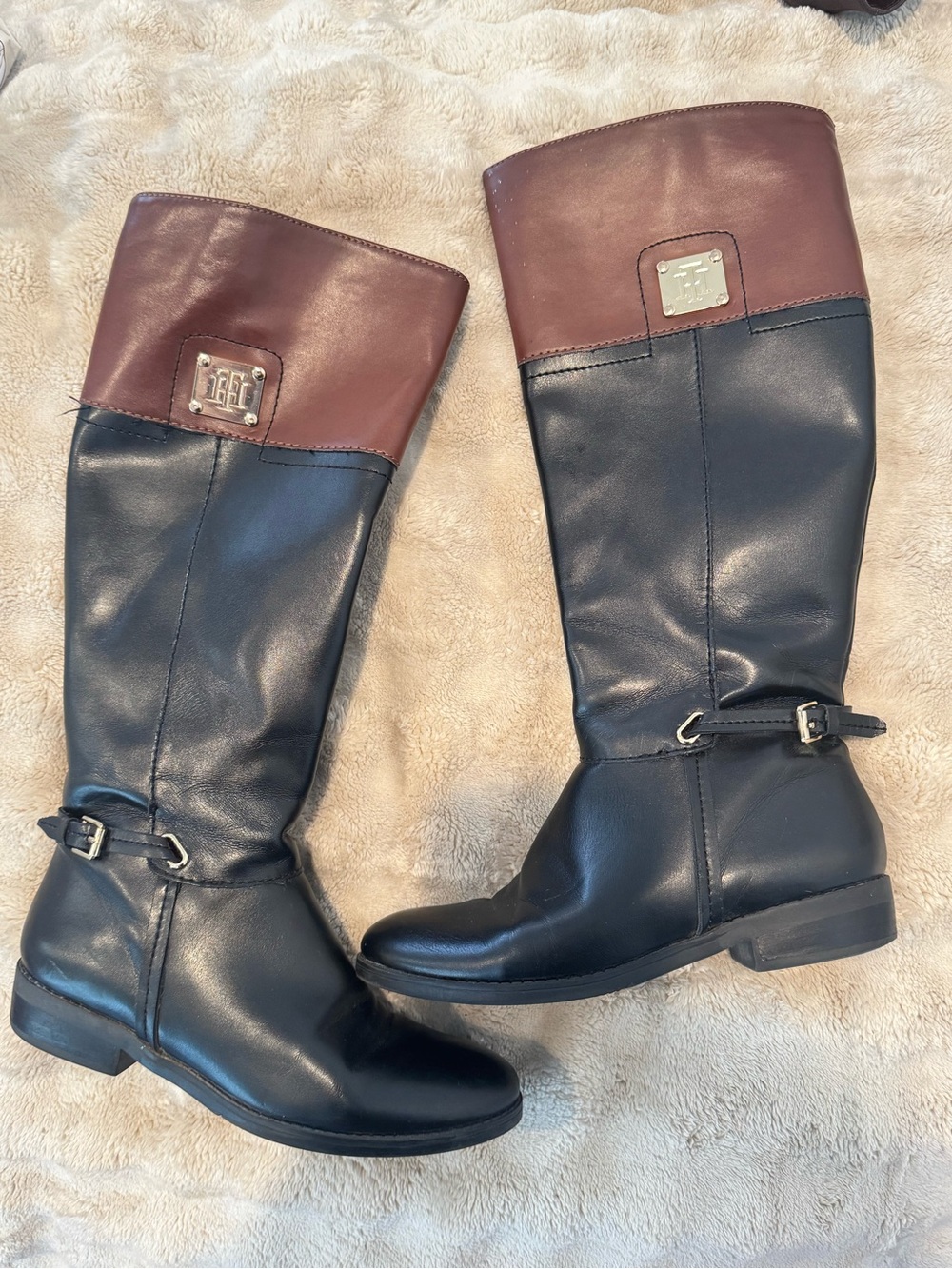 Tommy Hilfiger Black and Brown Leather Riding Boots